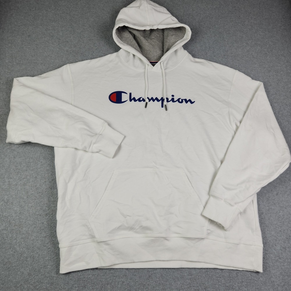 Champion Hoodie Mens 2XL White Relaxed Fit Long Sleeve Spell‎ Out Logo Pullover